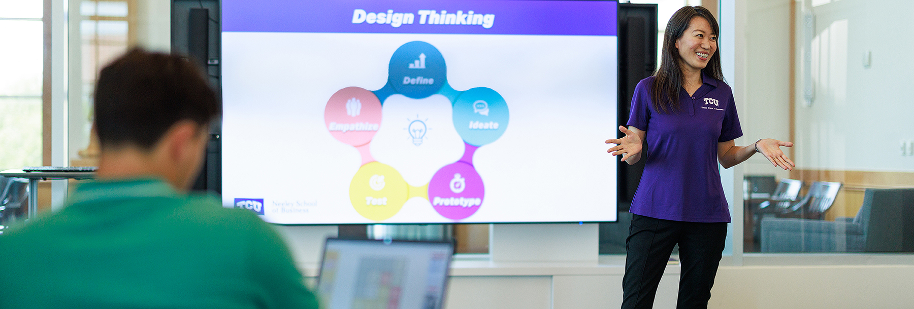 Section Image: Professor lecturing with a slide behind her labeled Design Thinking 