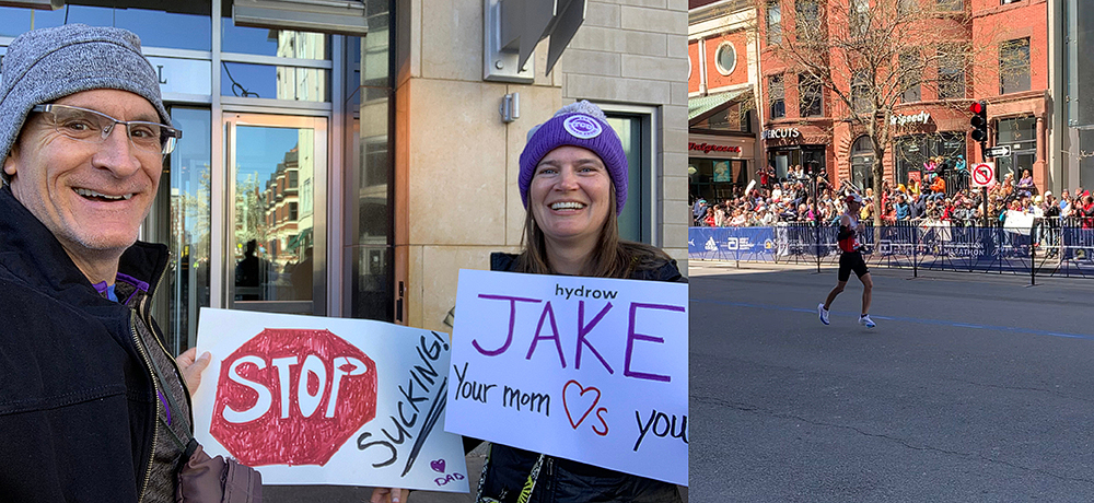 Jake's parents, Jake running in the Boston Marathon