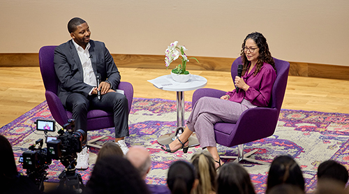 David Russell and Jennifer Trevino on stage in the Shaddock Auditorium 