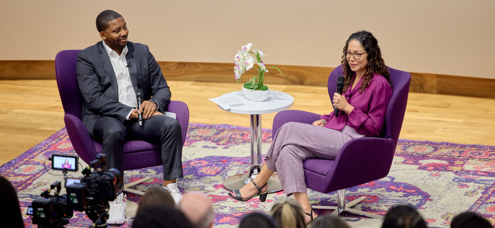 Section Image: David Russell and Jennifer Trevino on stage in the Shaddock Auditorium 