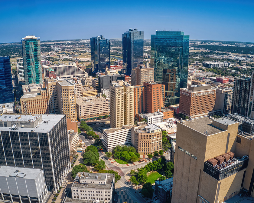 Downtown Fort Worth skyline at bird's eye view