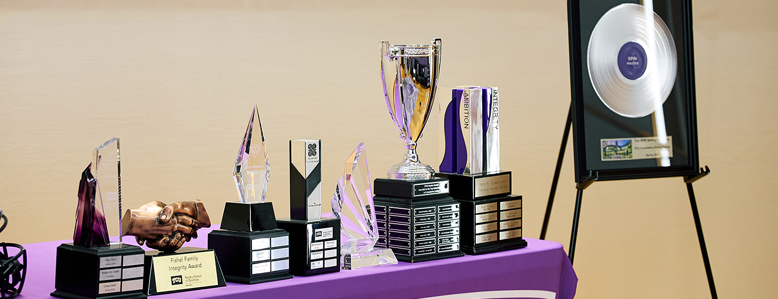 Display of TCU Sales Center awards and trophies