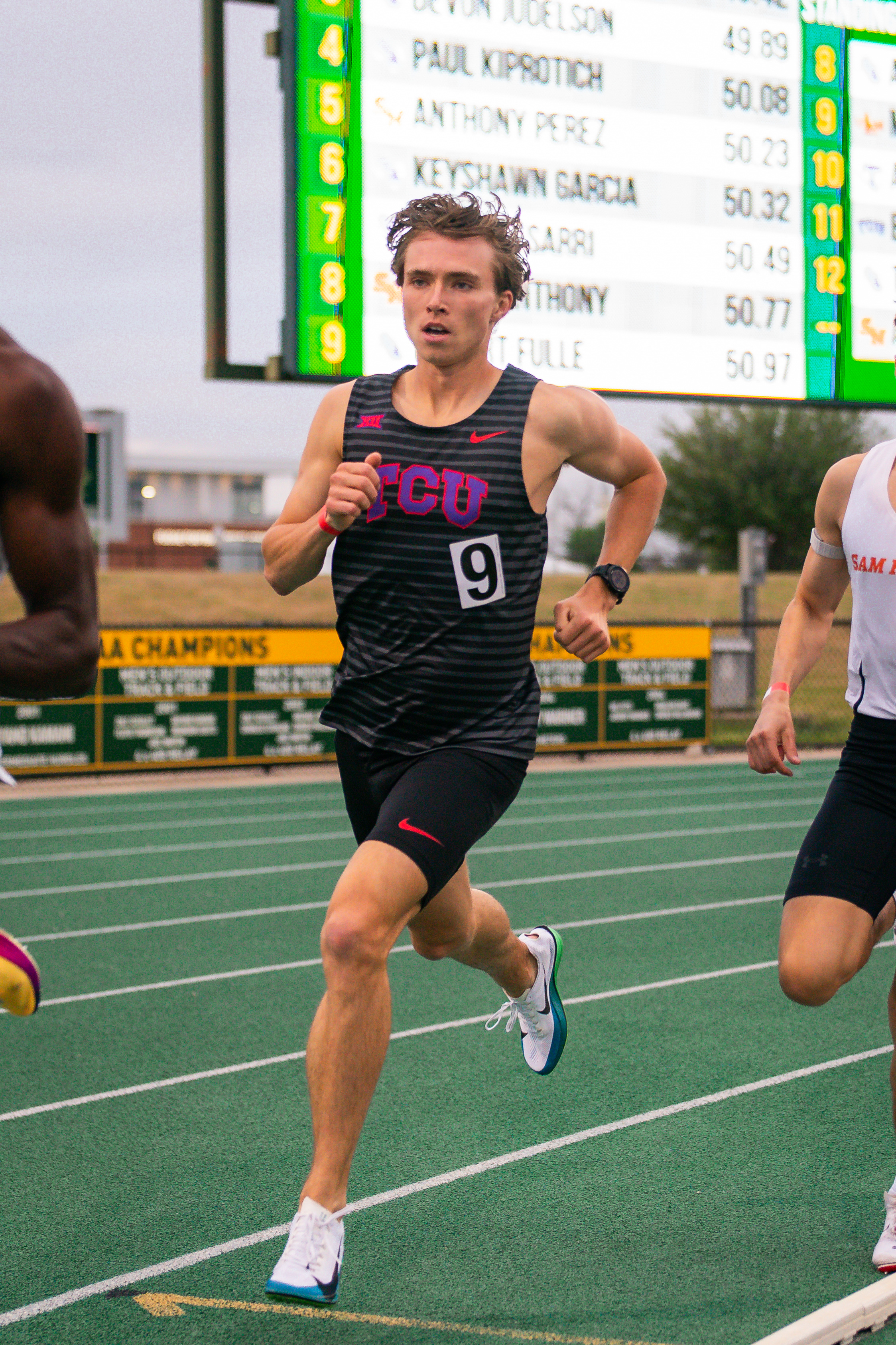 Neeley student Christopher Meyers competes in track event.